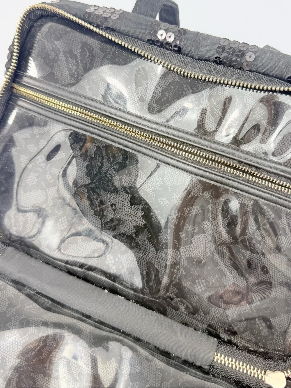 Victoria's Secret Black Canvas Sequin Stripe Double Handle Zip Toiletry Bag